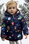 Spor Kız Spor Çocuk Içi Polarlı Kapüşonlu Gezegen Yıldız Desenli   Mont & Kaban & Parka