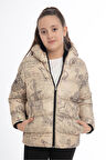Spor Kız Spor Çocuk Bej Pusula Desen  Polar Su Ve Rüzgar Geçirmez Kapüşonlu Cepli Mont