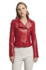 Kırmızı Ella Kadın Fermuarlı Biker Motorcu Kemerli Kısa Hakiki Deri Mont