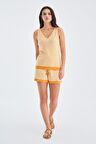 Peraluna PARU TOP & SHORTS Pamuklu Yazlık Kadın Triko Şort Takım Bej/Turuncu