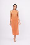 Peraluna EVELIEN DRESS Ajur Örgü Dar Kesim Halter Yaka Arkası Bağcıklı Uzun Kadın Triko Elbise - Turuncu