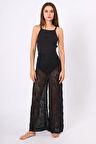 Peraluna EMMA TROUSER Dantel Desen Örgülü Geniş Midi Boy Kadın Triko Pantolon - Siyah