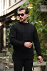 Comfort Fit Saç Örgü Bisiklet Yaka Triko Kazak - Siyah