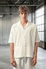 Apaş Yaka Kısa Kol Dokulu Erkek Gömlek - Ekru