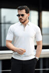 Premium Şerit Detaylı Viskon Polo Yaka Triko Erkek T-Shirt - Ekru