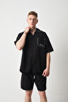 Nakış Detaylı Müslin Kumaş Erkek Takım Şort - Siyah