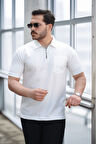 Yarım Fermuar Tek Cepli Erkek T-Shirt - Beyaz