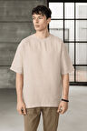 Rahat Kalıp Müslin Kumaş Erkek T-Shirt - Orta Bej