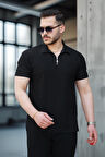 Likralı Örme Yarım Fermuar Polo Yaka Erkek Tişört - Siyah