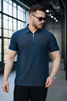 Likralı Örme Yarım Fermuar Polo Yaka Erkek Tişört - Lacivert
