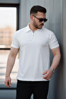 Likralı Örme Yarım Fermuar Polo Yaka Erkek Tişört - Ekru