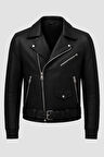 Russel Çok Cepli Biker Deri Görünümlü Erkek Ceket - Siyah