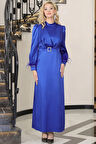 Lara Saten Kemerli Tesettür Abiye İndigo
