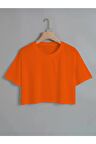 Kadın Düz Bisiklet Yaka Kısa Oversize Crop Turuncu T-shirt