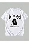 Unisex Terrible Ghost Baskılı Oversize Beyaz T-shirt