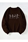 Unisex Bisiklet Yaka İskelet Baskılı Oversize Salaş Kesim Polar Sweatshirt