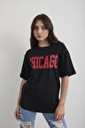 Kadın Lacivert Chicago Baskılı Oversize T-shirt