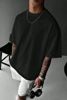 Erkek Siyah  Oversize Kesim Bisiklet Yaka Oversize Tişört