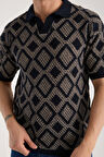 Erkek Polo Yaka Geometrik Desenli Kısa Kollu Triko Tişört - Lacivert Bej