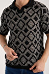 Erkek Polo Yaka Siyah Geometrik Desenli Kısa Kollu Triko Tişört