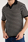 Erkek Polo Yaka Siyah Beyaz Çizgili Kısa Kollu Triko Tişört