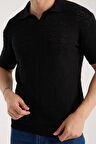 Erkek Polo Yaka Geometrik Desen Dokulu Siyah Kısa Kollu Triko Tişört