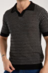 Erkek Polo Yaka Links  Örgü Dokulu Siyah Kısa Kollu Triko Tişört