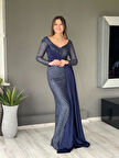 Lacivert Uzun Kol Pileli Uzun Yeni Sezon Abiye Elbise My4231 4231