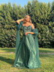 Zümrüt Yeşili İp Askılı Gögsü Taş İşlemli Balon Kollu Altı Kiloş Sim Baskılı Yeni Sezon Abiye Elbise  Aln3073 3073