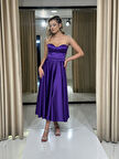 Mor Taş İpli Midi Boy Saten Yeni Sezon Abiye Elbise Ht8400 8400