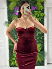 BORDO Yıldızlar Kadın Taş Askılı Yanları Pencereli Kadife Yeni Sezon Abiye Elbise Gs7350 7350 Boy:110cm