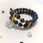 Kaplan Gözü ve Lapis Taşlı Bileklik Künye 14 Ayar Altın HD VİDEOLU