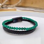 Akik Taşlı Deri Kordonlu Çelik Erkek Bileklik