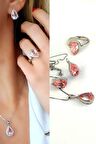 sky Diamond Pink Morganit Taşlı 925ayar Gümüş Lüks Damla Set Takımı yüzük