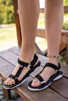 Siyah Beyaz Cırtlı Kaymaz Termo Taban Spor Sandalet