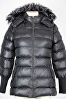 3714 Kürklü Kapişonlu Sıkı Dolum Mont - Siyah