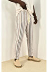 Kahve Çizgili Keten Pantolon 450338