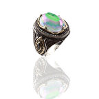 Mistik Topaz Taşlı İşlemeli 925 Ayar Gümüş Erkek Yüzüğü