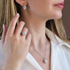 Zirkon Taşlı Elips Lotus Çiçeği Gümüş Set