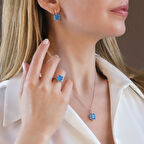 Mavi Paraiba Taşlı Kare Lotus Çiçeği Gümüş Set