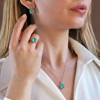 Paraiba Taşlı Kare Lotus Çiçeği Gümüş Set