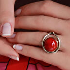 Kırmızı Mercan Taşlı EL İşi Yuvarlak Gümüş Yüzük