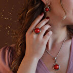 Kırmızı Mercan Taşlı El İşi Otantik 925 Ayar Gümüş Takım