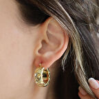 Desenli Bombeli Gold Gümüş Küpe