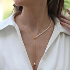 İncili Asansörlü Gold Gümüş Trend Kolye