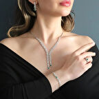 Damla Başak Modeli Yeşil Zirkon Taşlı Sarkıt Gümüş Set 