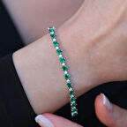 Yeşil Zirkon Taşlı Kalpli Su Yolu Gümüş Bileklik