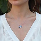 Renkli Zirkon Taşlı Çiçek Gümüş Kolye