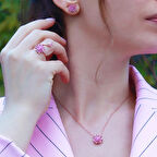Pembe Kuvars Taşlı Lotus Çiçcekli Gümüş Set