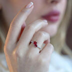 Pndr İki Kalp Kırmızı Zirkon Taşlı Gümüş Yüzük